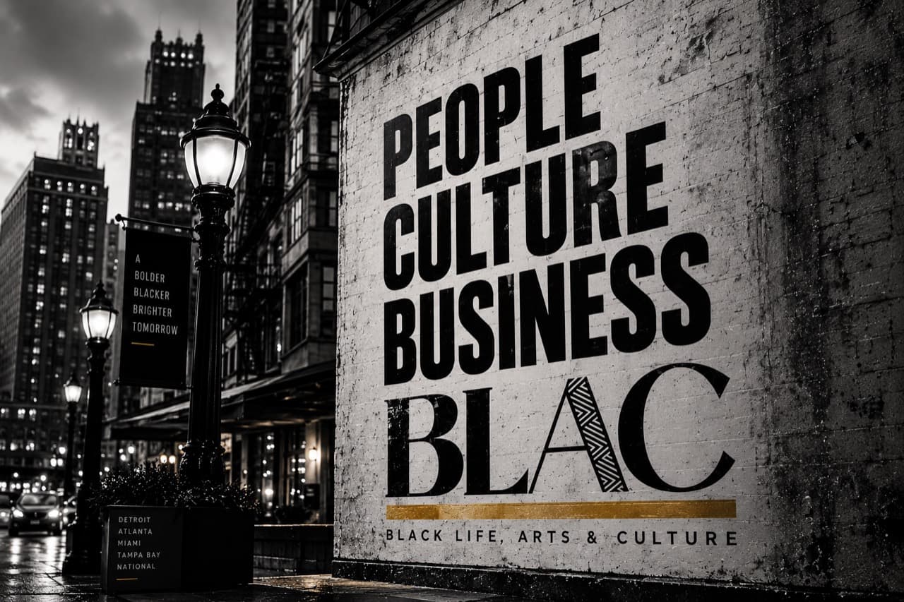 Black-and-white Detroit streetscape with a BLAC mural reading People, Culture, Business