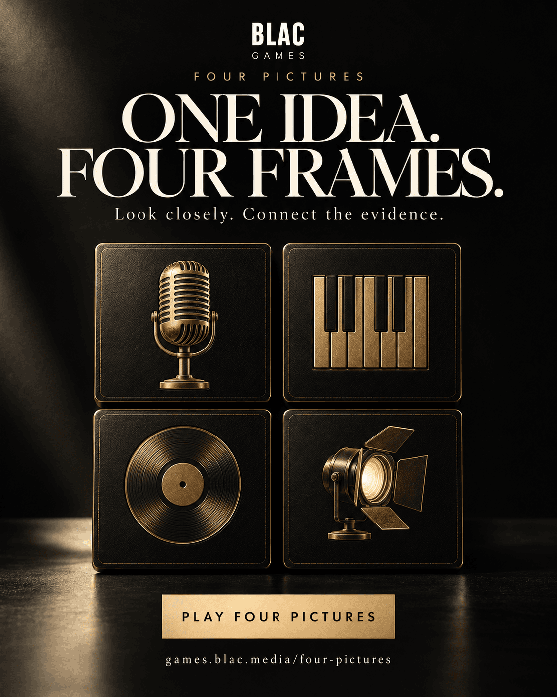 BLAC Four Pictures game advertisement presenting four polished visual clues.