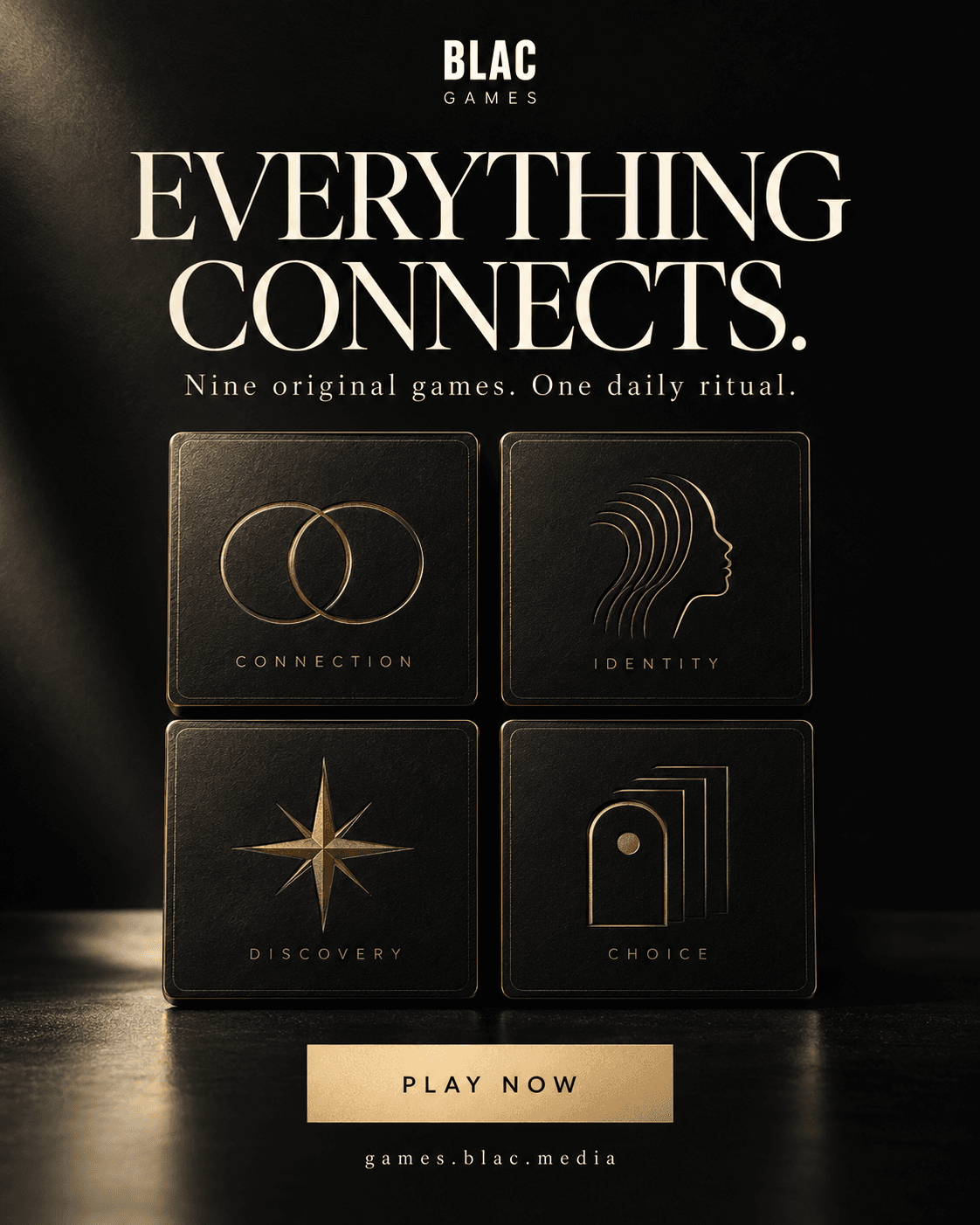 BLAC Games advertisement with a glossy editorial collage inviting readers to play culture, history, word, strategy, and local discovery games.