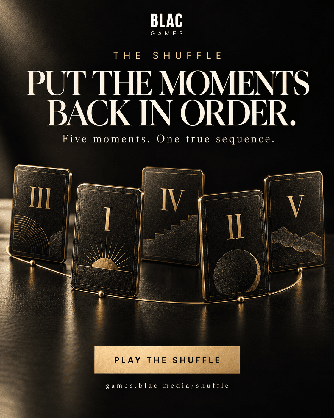BLAC Shuffle word game advertisement featuring elegant letter tiles.
