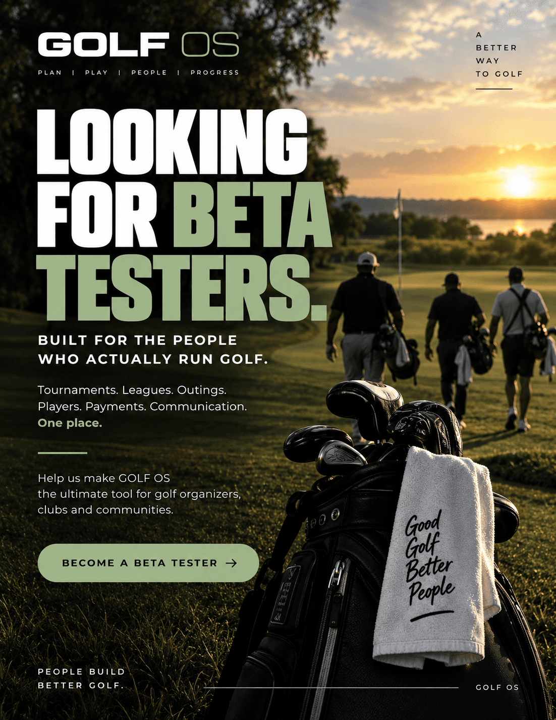 Golf OS beta tester advertisement showing golf organizers walking a course at sunset and inviting readers to become beta testers.