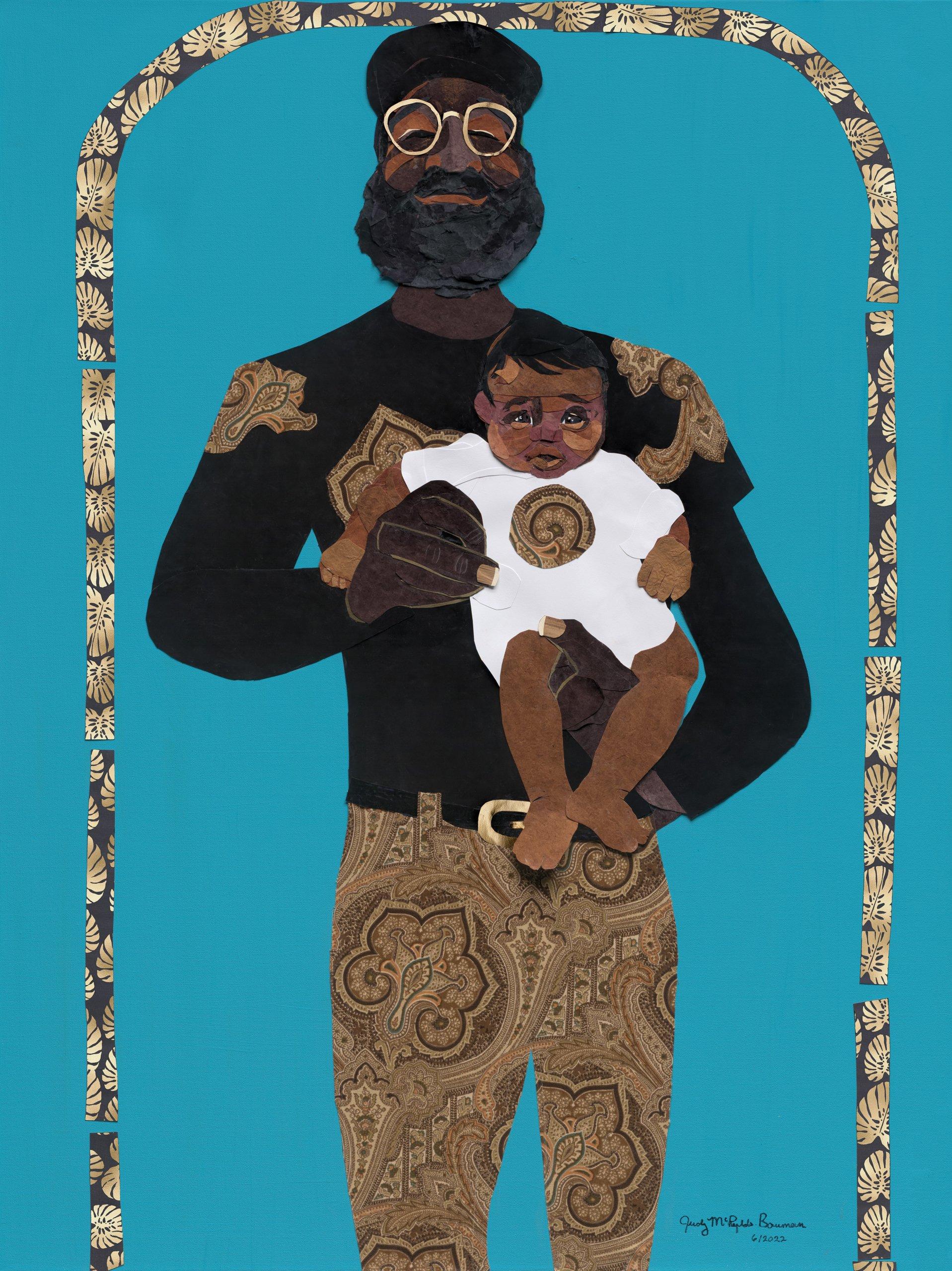 Proud Papa, 2022. Mixed media collage on canvas. 48 x 36.  Image courtesy of Judy Bowman and Museum of Contemporary Art Detroit