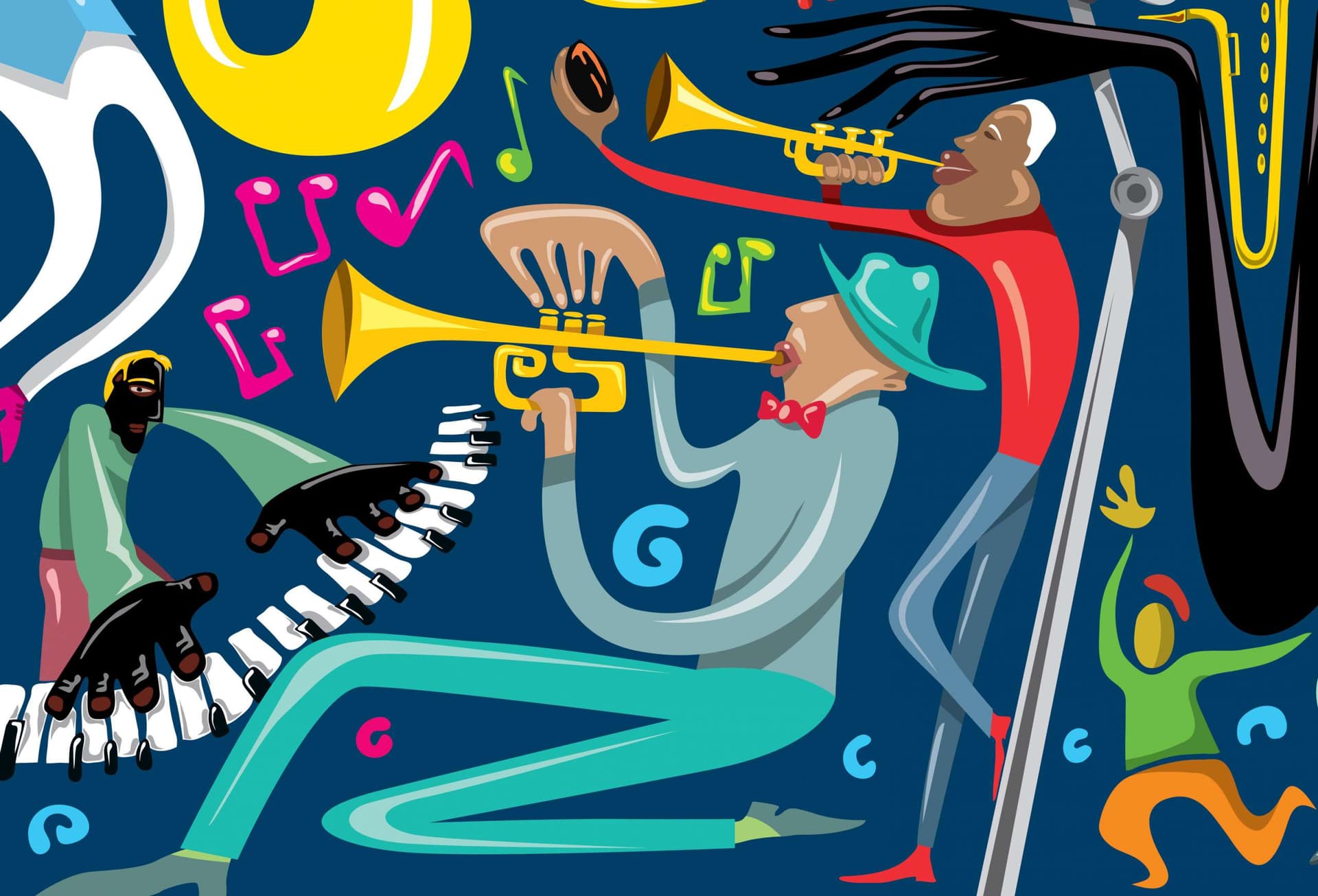 Vector art depicting musicians playing the keyboard, and trumpet. Photo courtesy of Anthony Krikorian.