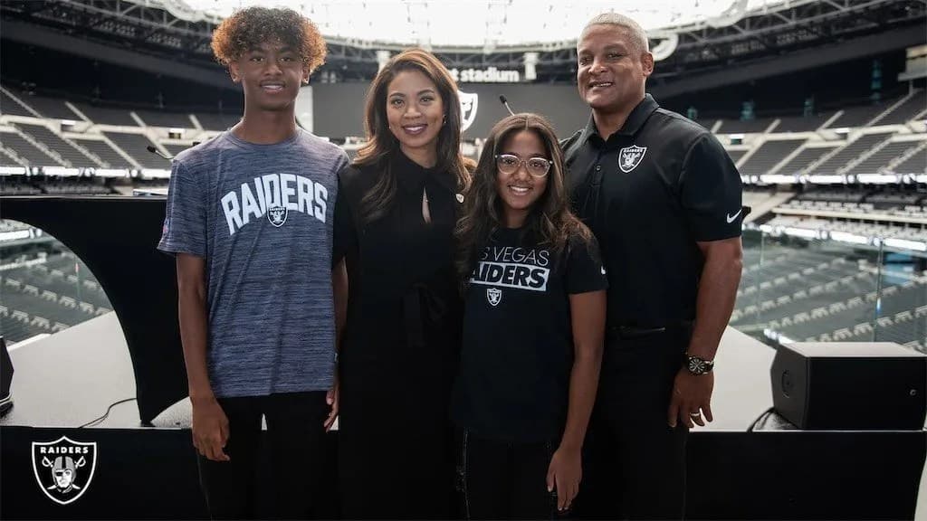 Las Vegas Raiders President Sandra Douglass Morgan with her family after a press conference announcing her as the Raiders new team president. Photo courtesy of Jeffery Bennet, Las Vegas Raiders.