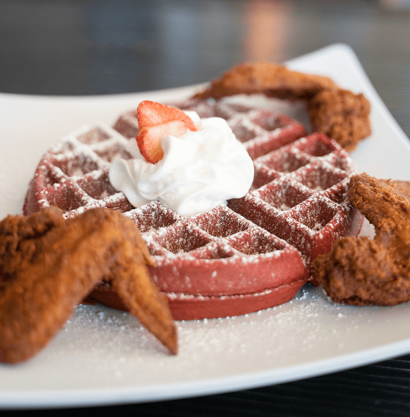 The Savoy’s Red Velvet Chicken & Waffles