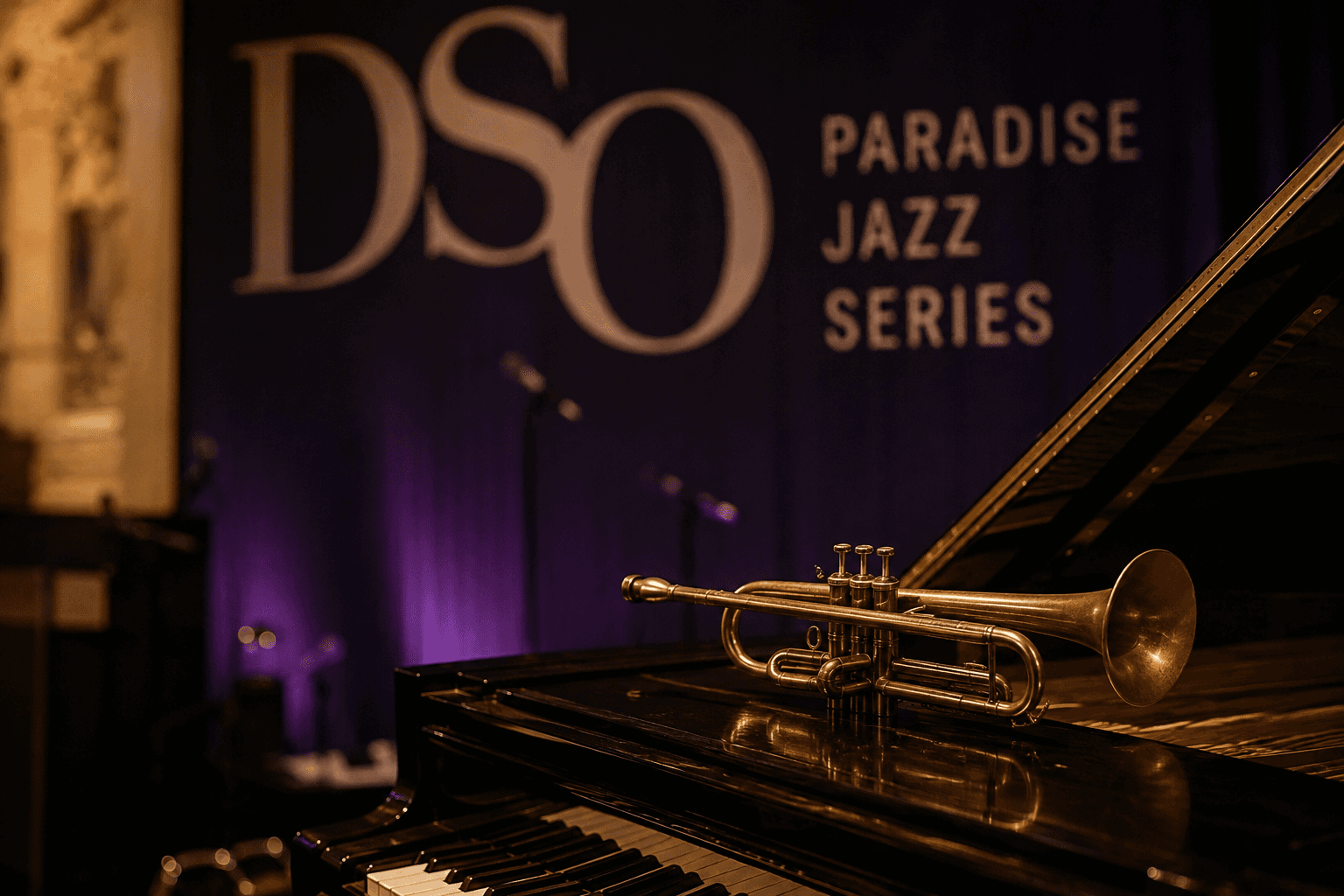 Trumpet resting on a grand piano beneath a Paradise Jazz Series sign at Orchestra Hall