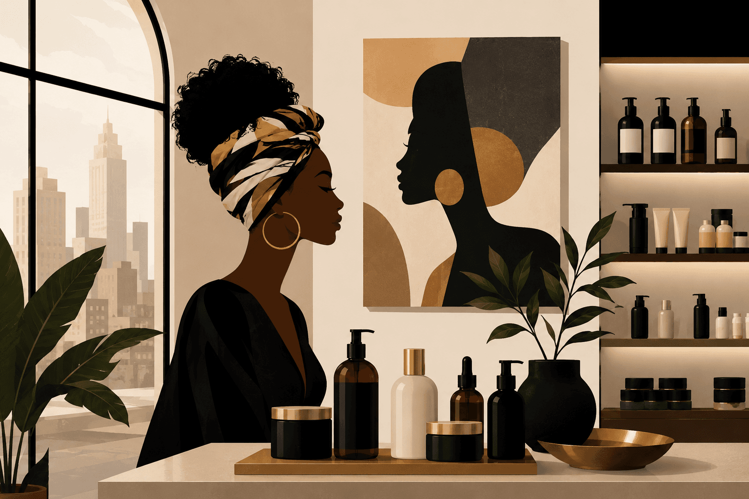 Illustration of a Black woman in a Detroit beauty shop surrounded by natural beauty products